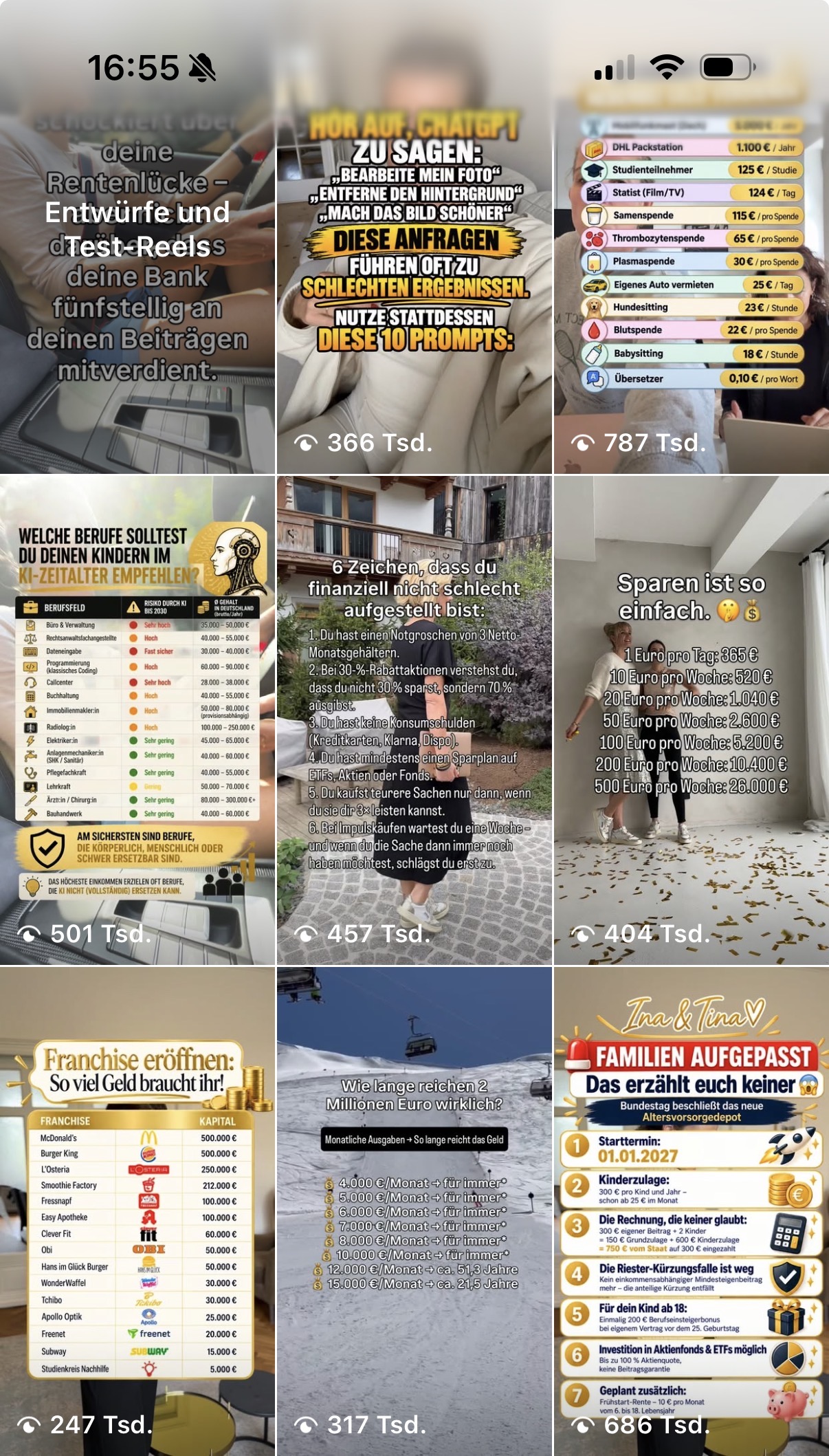 Ina & Tina Instagram Feed mit View-Zahlen