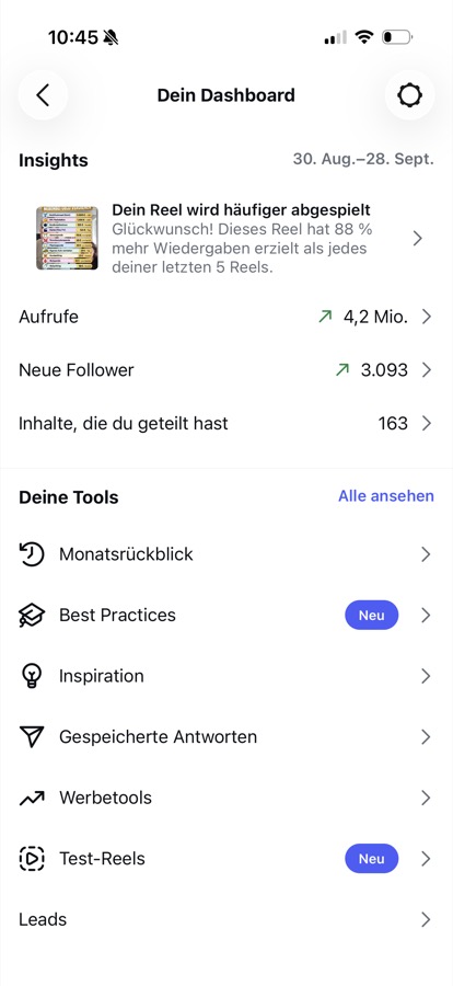 Instagram Dashboard: 4,2 Mio. Aufrufe, +3.093 Follower in 30 Tagen